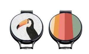 Mustard and Gray Toco Toucan Aga Pad covers with toucan bird head and stripes